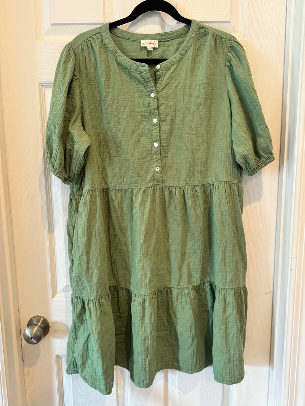 Wonderly Washed Sage Green Tiered Button-Front Mini Dress